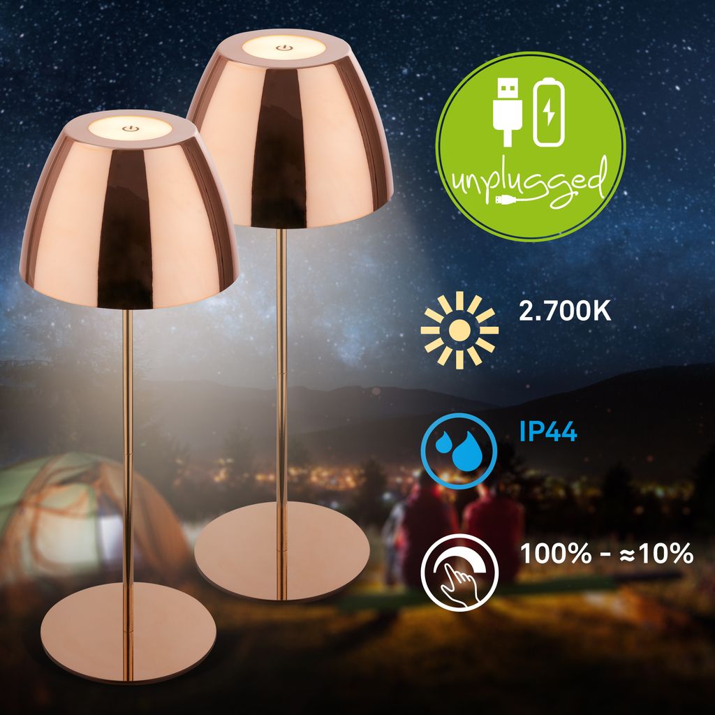 Serina Tischlampe 2er Set - 2,5W, 200lm, Kabellos, LED, Touch, Dimmbar, Kupferfarbe