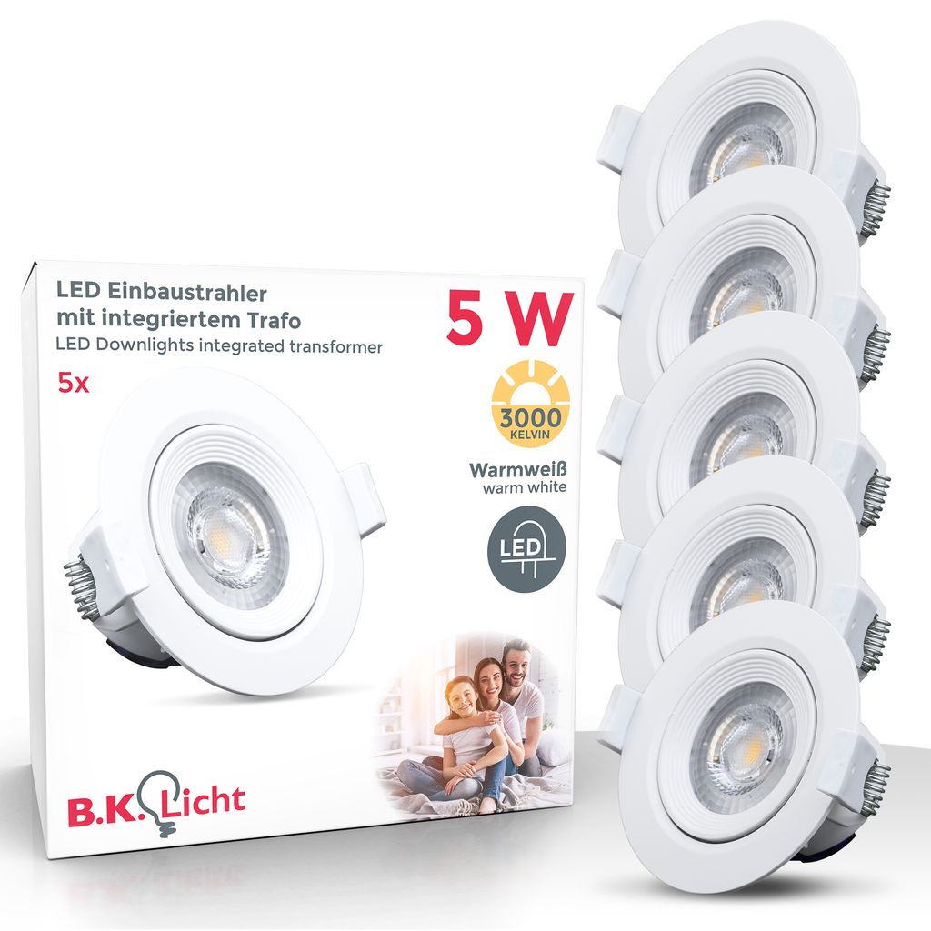 B.K.Licht set of 5 LED Recessed Ceiling Spotlights, built-in 5W LED boards, 350Lm per spot, swiveling & rotatable LED downlights, 230V - No driver needed, warm white light 3000K, IP23