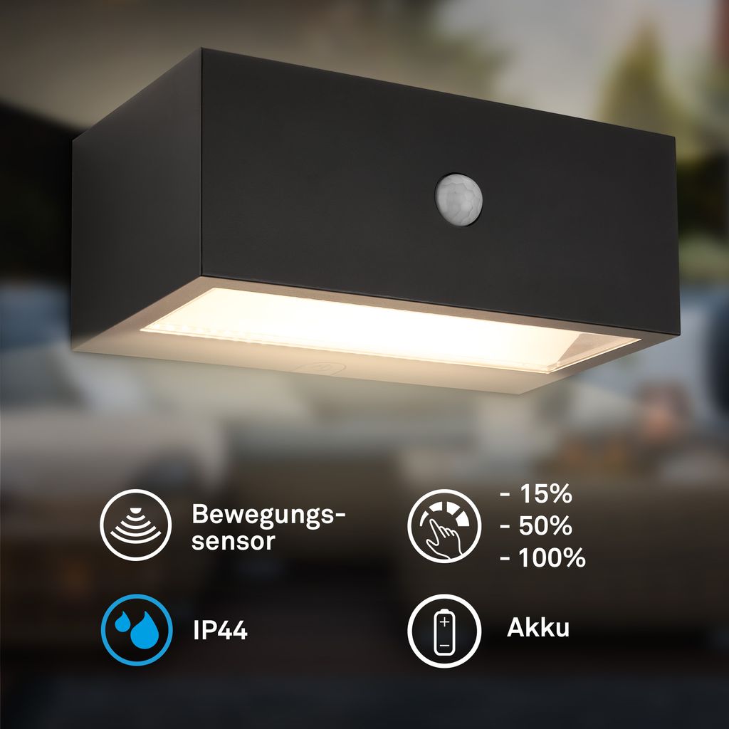 Dogu Outdoor Wall Light - 6.5W, 700lm, LED, Battery, Motion Detector, Black