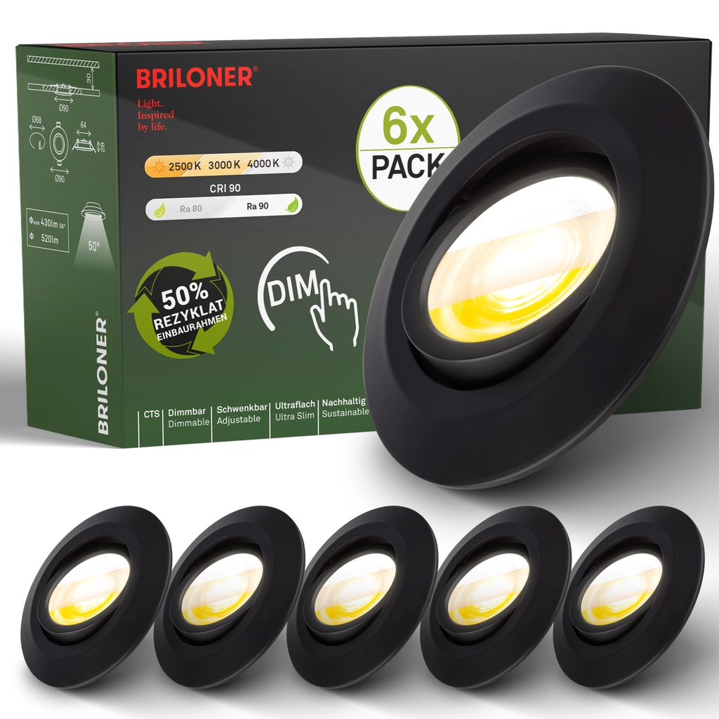 Briloner Klira Set de 6 spots LED encastrables 230V, variateur d'intensité, orientable, noir