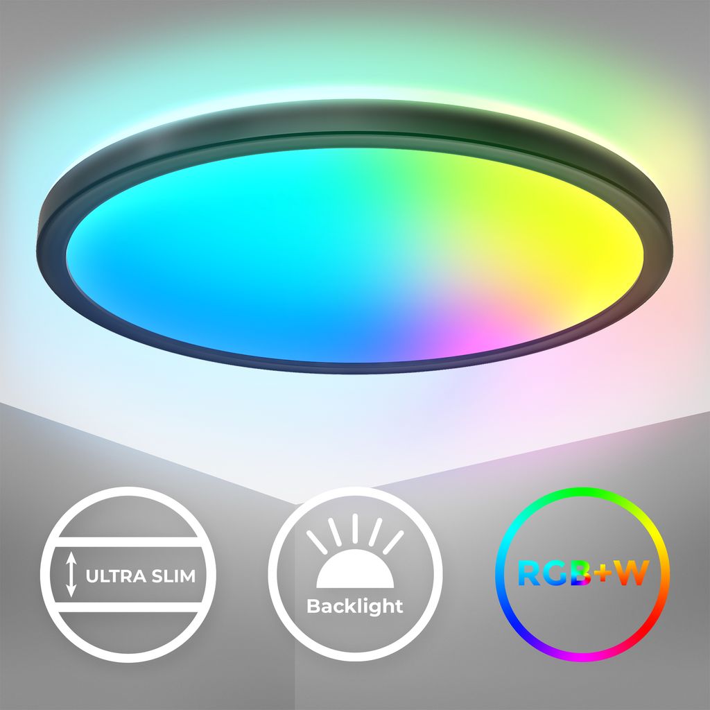 B.K.Licht I Round RGB LED ceiling lamp I ultra flat LED panel I colour change I RGBW ceiling light dimmable I backlight effect I remote control I Black