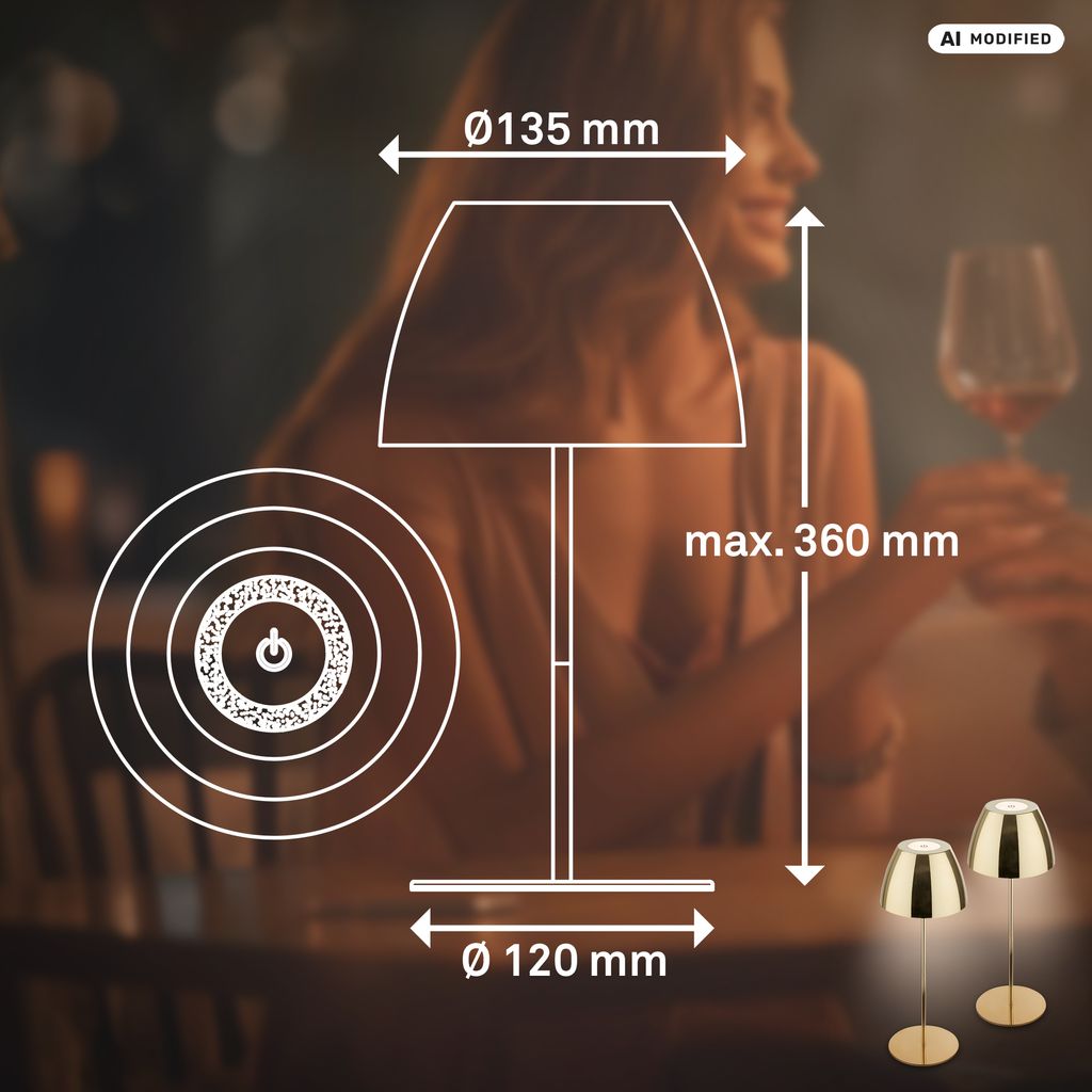 Serina Tischlampe 2er Set - 2,5W, 200lm, Kabellos, LED, Touch, Dimmbar, Goldfarbe