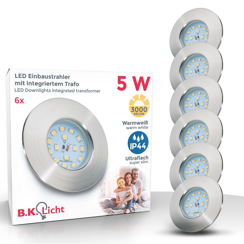 B.K.Licht - Set of 3 LED IP44 Rated Recessed Bathroom Spotlights with 3x built-in 5W LED module, brushed nickel, round, extra flat