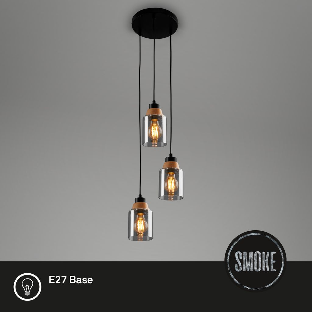 Pendant light. with wood. smoked glass. 3xE27/max. 2
