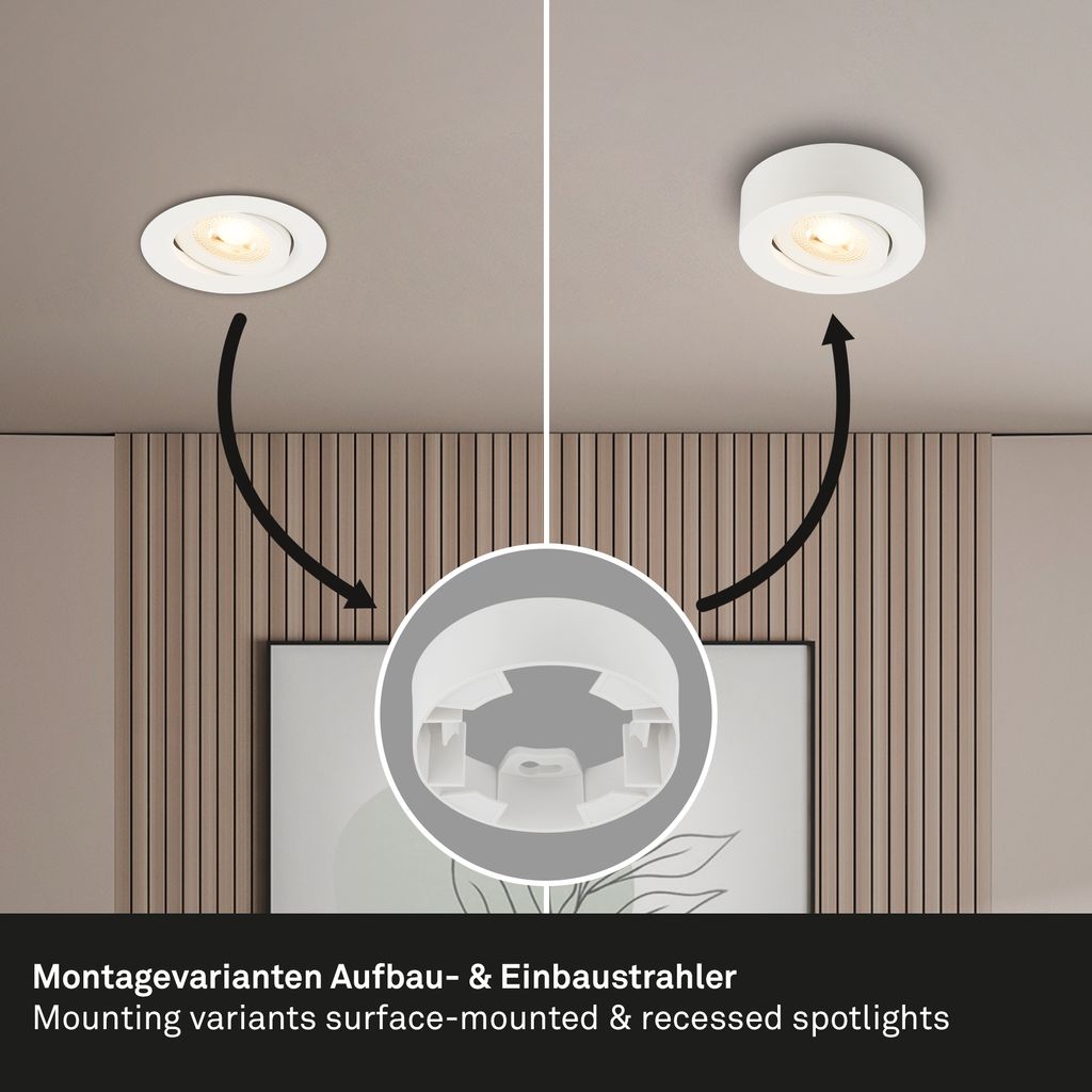 LED Einbaustrahler & Aufbauspot Ø90 mm, 5W, 230V, Warmweiß, schwenkbar, Weiß