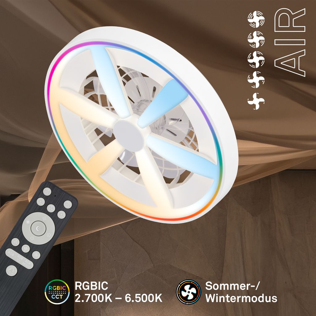 Air Ceiling Fan with Light - 48.5W, 6400lm, 5 Speeds, RGBIC, CCT, Dimmable, White
