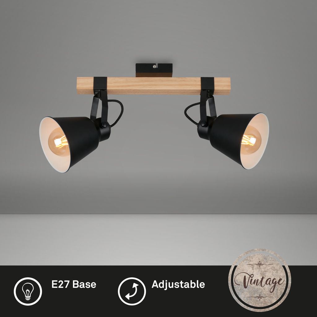 Deckenleuchte Spotleuchte Schwenkbar E27 40W schwarz Metall-Holz Briloner 2