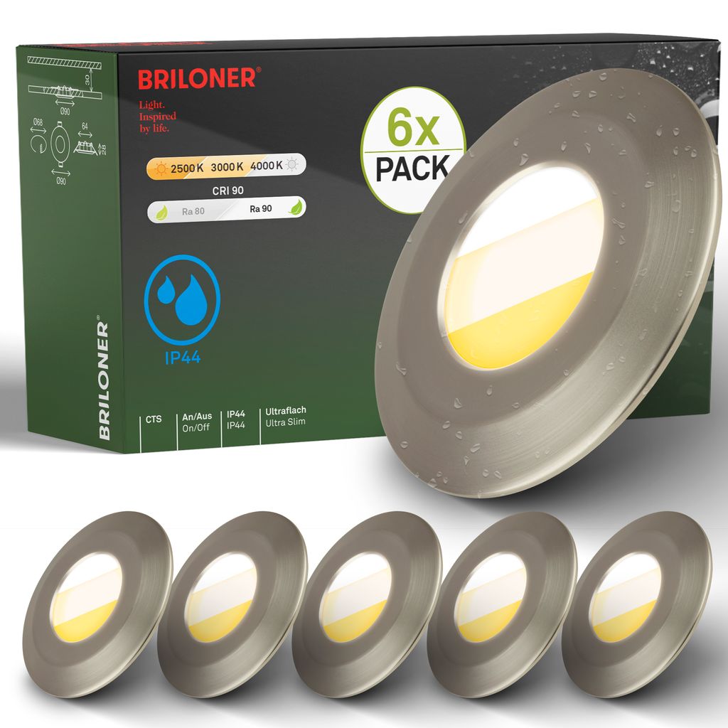 Briloner Klira Set de 6 spots encastrables pour salle de bain, interrupteur CTS, IP44, nickel mat
