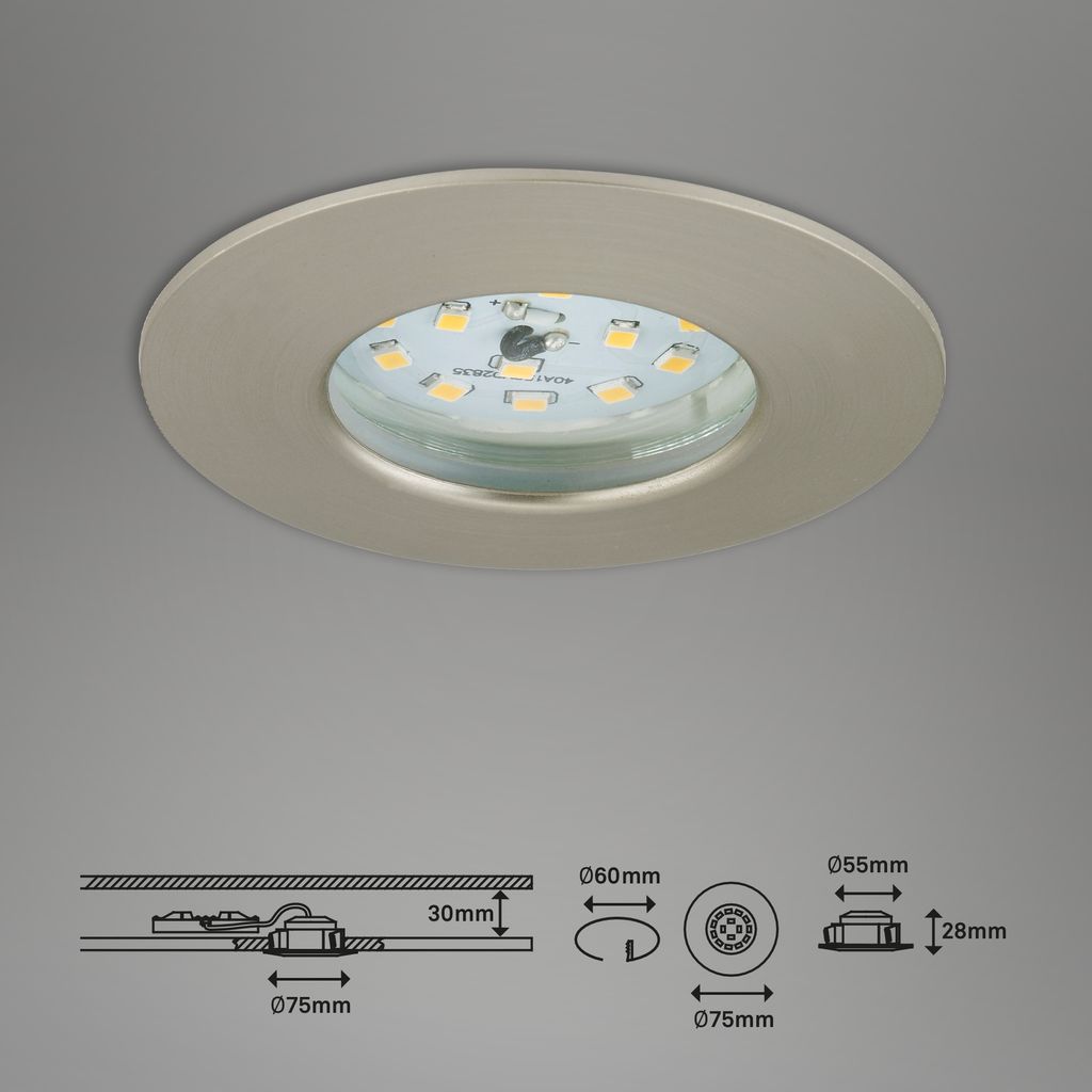 LED downlights 3er-set 3-flames I plastic / satin-nickel I incl. 3 x LED-module 6,3W 460lm 3.000K I lifetime 20.000 h, Ra>=80 I 3 steps dimmable I fixed I IP44 / protection class II I 75x28mm (DxH) I installation dimension 60mm (D)