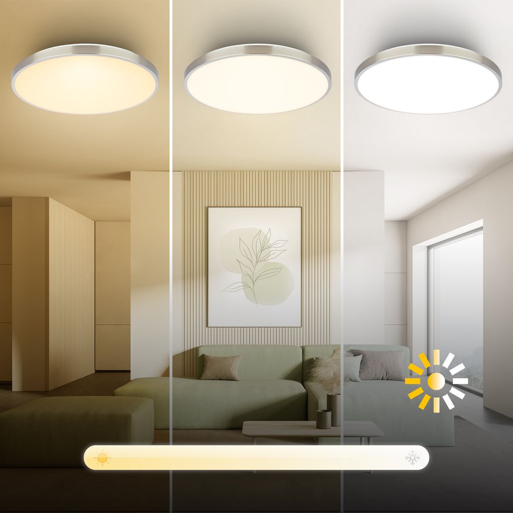 Competo Deckenlampe Ø38 cm - 24W, 2600lm, Dimmbar, Fernbedienung, CCT Warm-Neutralweiß, Nickel-Matt