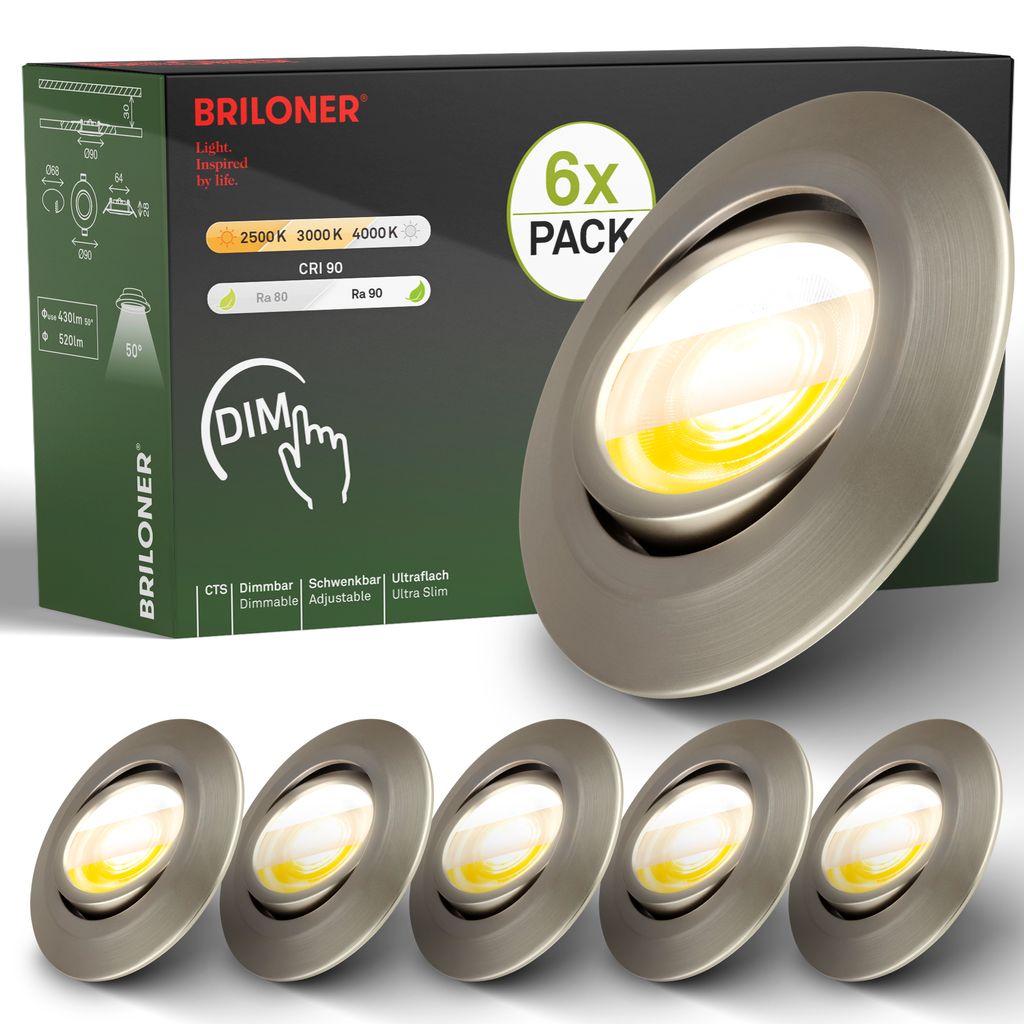 Briloner Klira Set de 6 spots encastrables 230V, variateur d'intensité, orientable, nickel mat