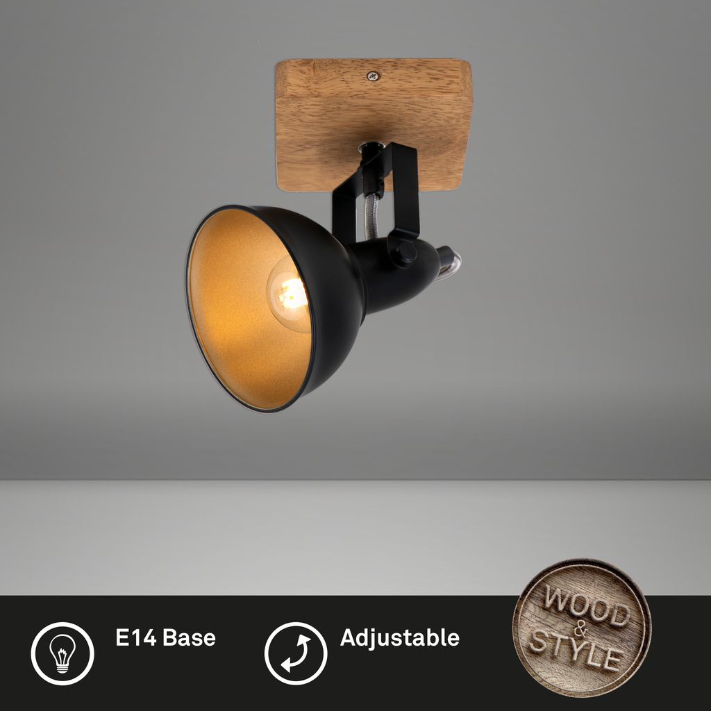 Wandspot retro vintage dreh- &schwenkbar 1xE14 Schwarz-Gold Metall-Holz Briloner 1