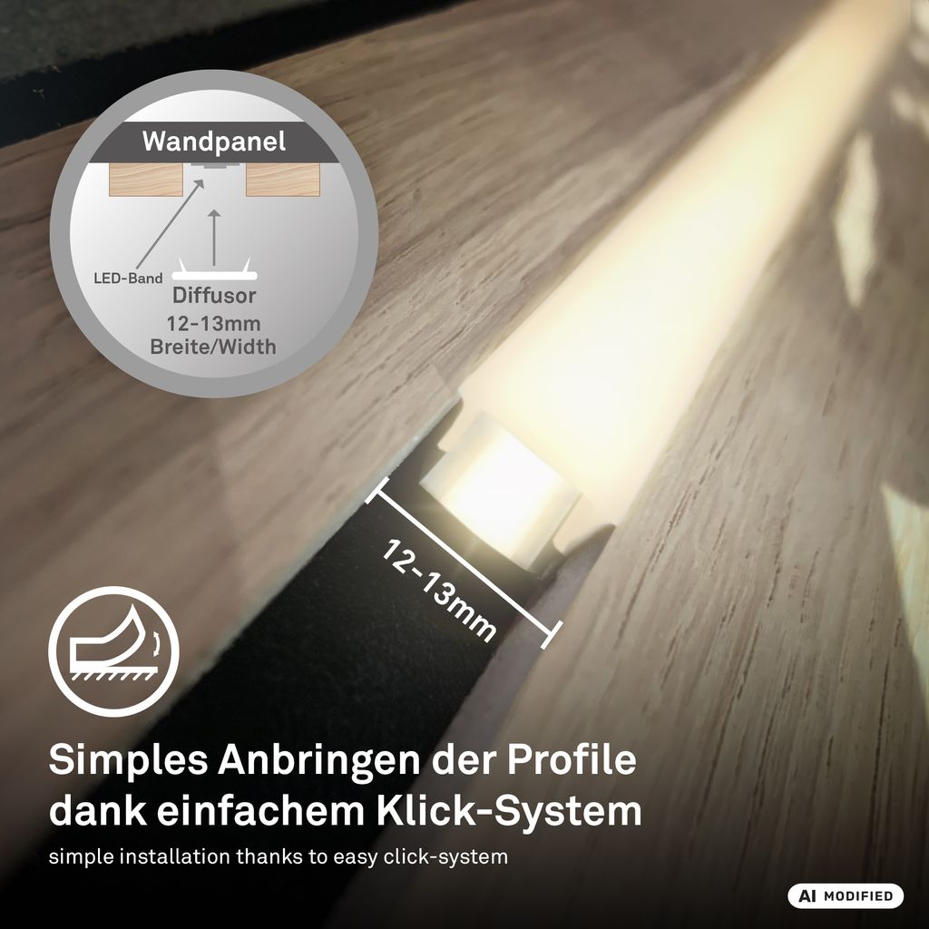 Pimp your Panel Komplettset 4m für Wandpaneele - LED Strip, Diffusoren 12-13 mm, Warmweiß