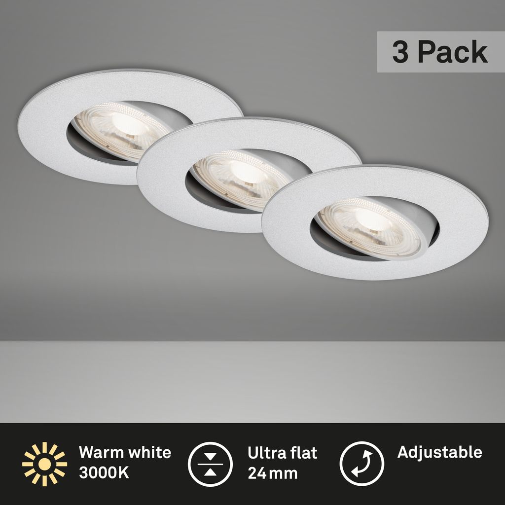 Ultra flat LED downlights set of 3 I plastic / chrome-mat I incl. 3 x LED-platine 4,9W 480lm 3.000K I lifetime 25.000h, Ra>=80 I not dimmable I swiveling I IP23 I 90x24mm (DxH) I installation dimensions: 68x30mm (DxH)