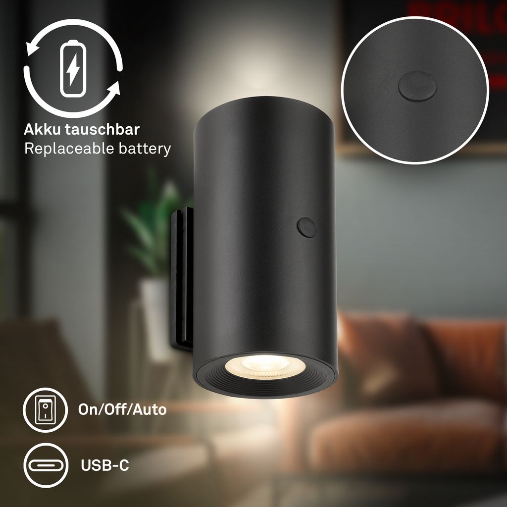 Isy Wandlampe - 2W, 140lm, Akku, LED, Touch, Dimmbar, 2er Set, Schwarz