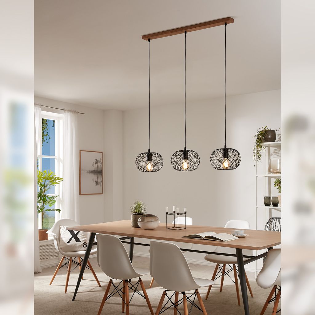 Pendelleuchte Vintage Drahtschirm 3xE27 schwarz max.40W Metall-Holz Briloner 3