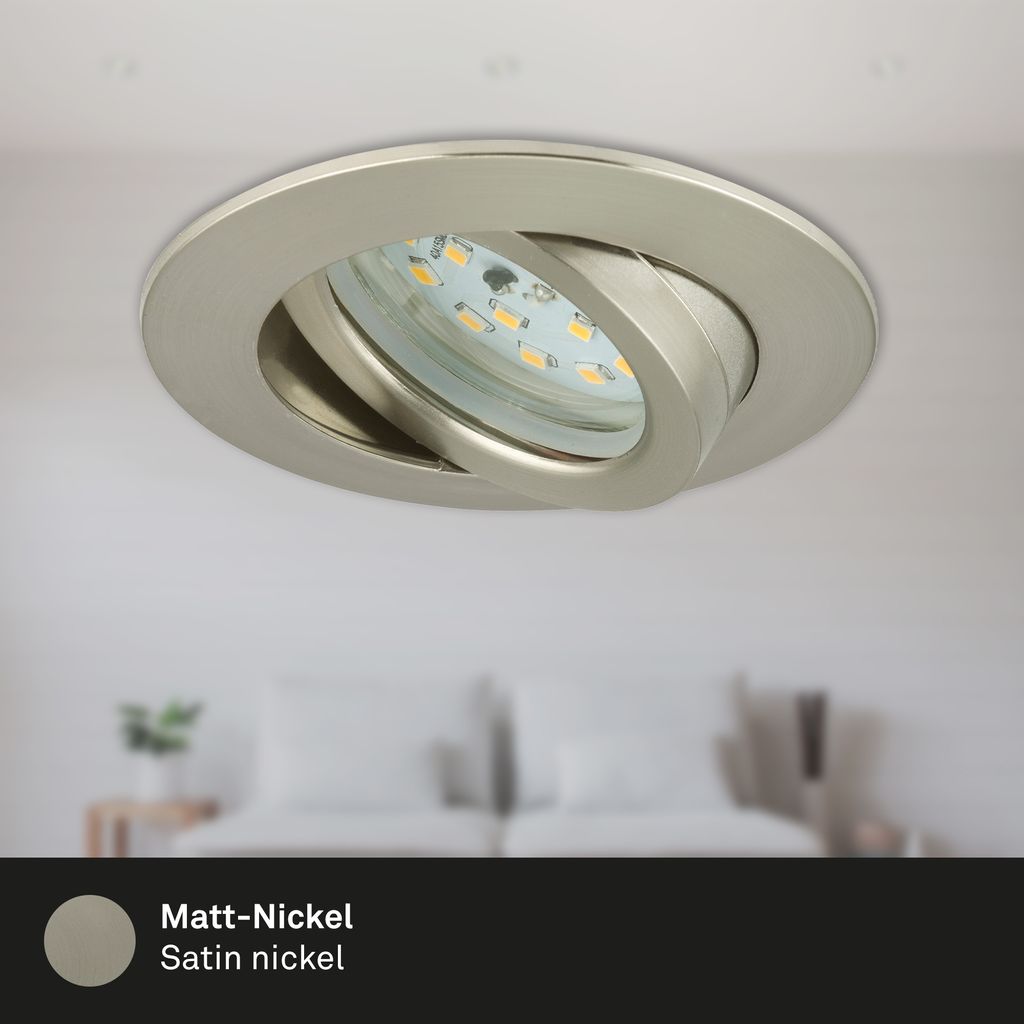 LED Downlight "ATTACH" I Synthetic material / matt-nickel I incl. 3 x LED-module 4,8W 350lm 3.000K I Lifetime 20.000 h, Ra>=80 I IP23 / Protection class II I non-dimmable I swiveling I 82x28mm (DxH) I Installation size 68mm (D)