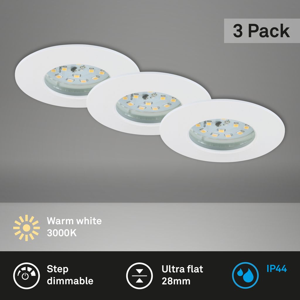LED downlights 3er-set 3-flames I plastic / white I incl. 3 x LED-module 6,3W 570lm 3.000K I lifetime 20.000 h, Ra>=80 I 3 steps dimmable I fixed I IP44 / protection class II I 75x28mm (DxH) I installation dimension 60mm (D)