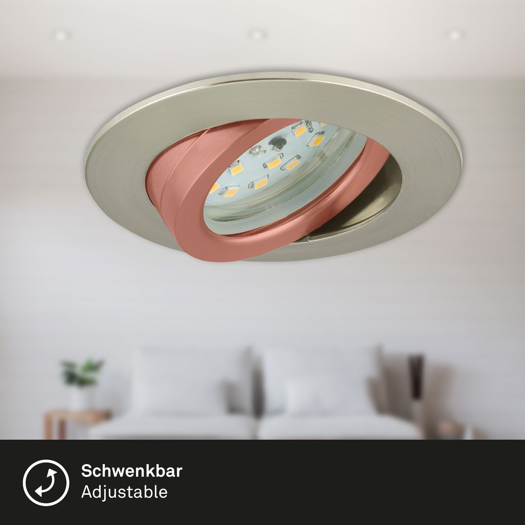 LED Downlight "ATTACH" I Synthetic material / matt-nickel I incl. 3 x LED-module 4,8W 350lm 3.000K I Lifetime 20.000 h, Ra>=80 I IP23 / Protection class II I non-dimmable I swiveling I 82x28mm (DxH) I Installation size 68mm (D)