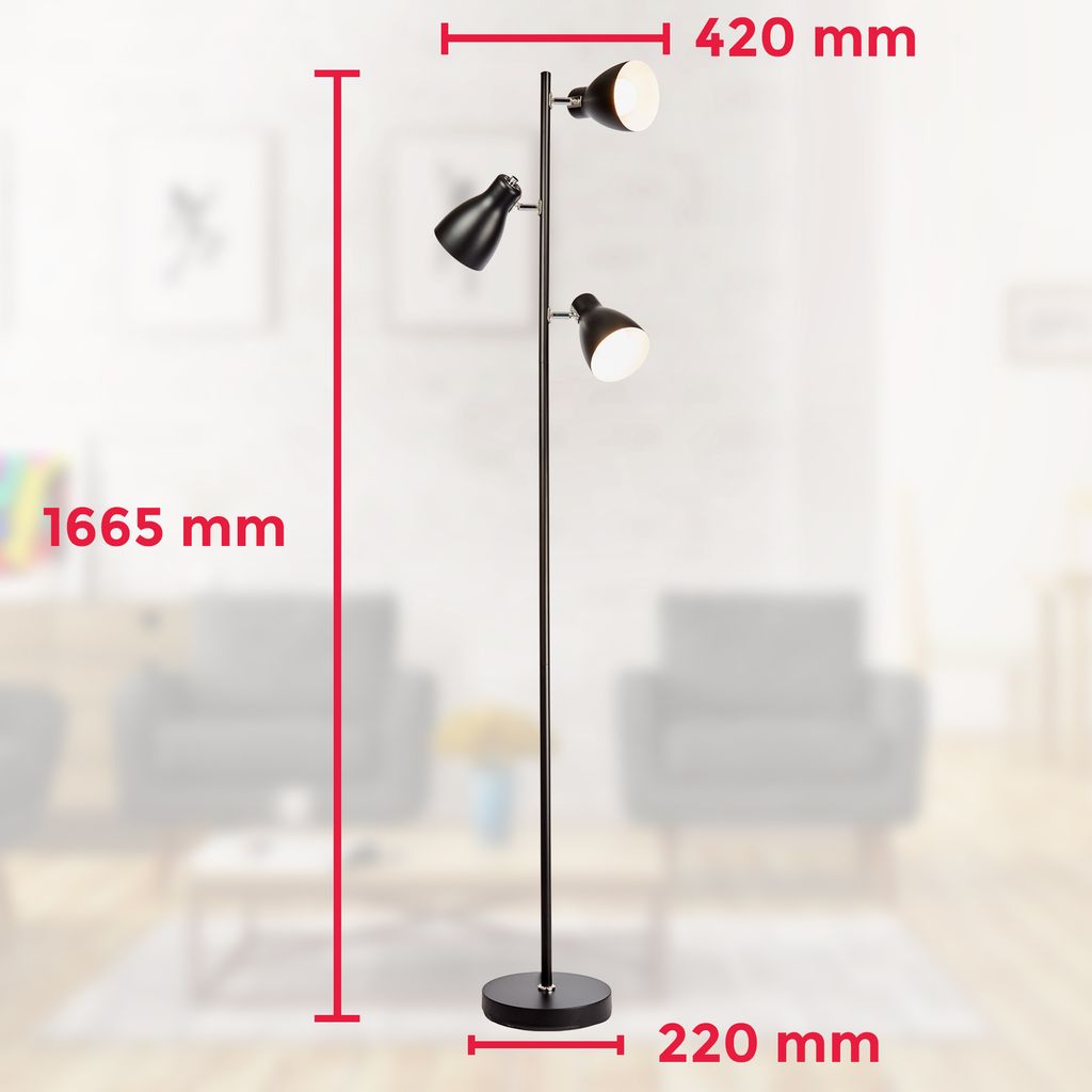 Stehlampe - Schalter, schwenkbar, E27 Fassung, max. 25W, 3-flammig, Schwarz