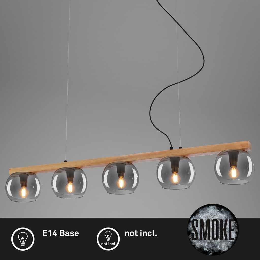 Pendant lamp. with wood. smoked glass. 5xE14/max.1 2