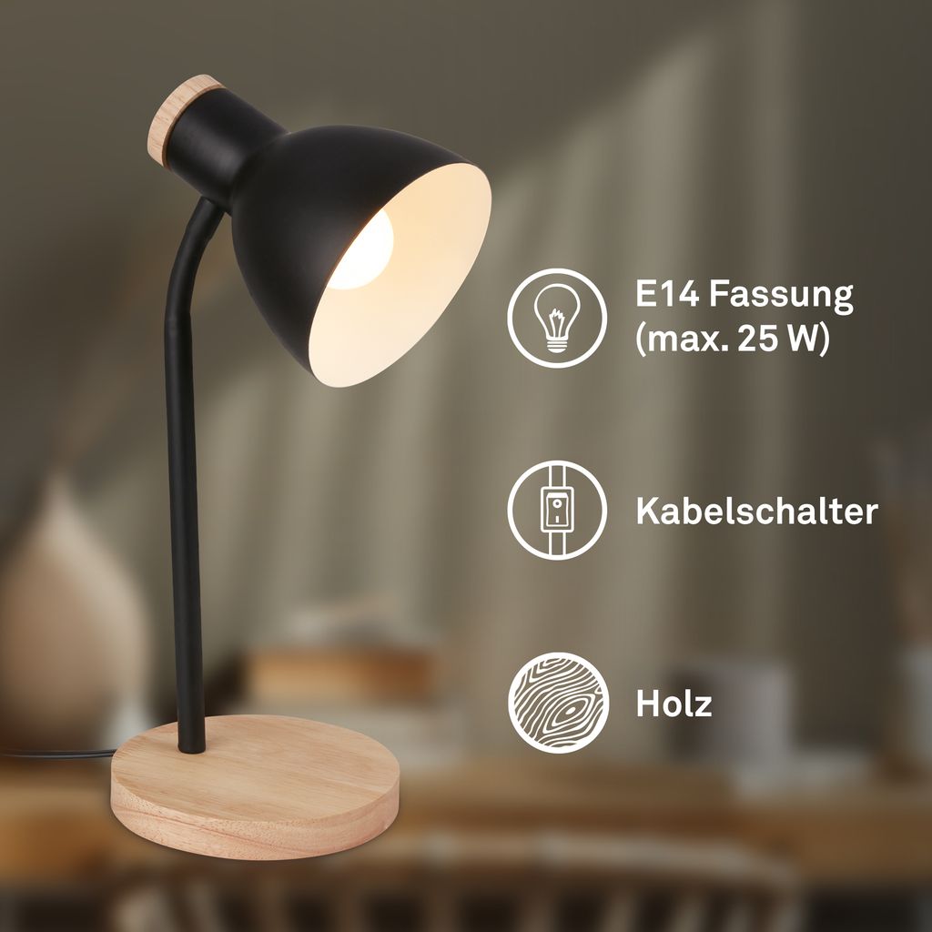 Prep Tischlampe - mit Schalter, E14 Fassung, max. 10W, Schwarz-Holz