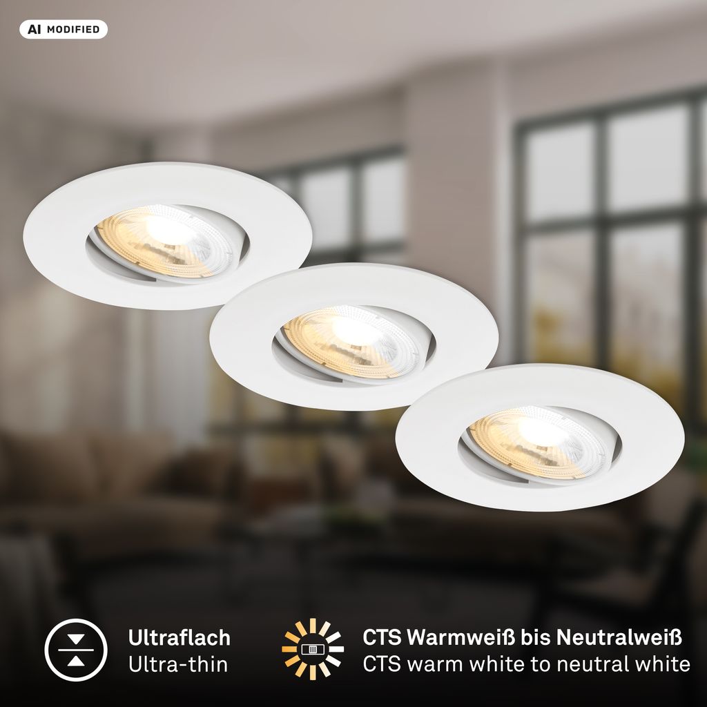 Dimara LED Einbaustrahler 68mm 3er Set - 230V, 4,9W, 460lm, CTS Schalter, Weiß