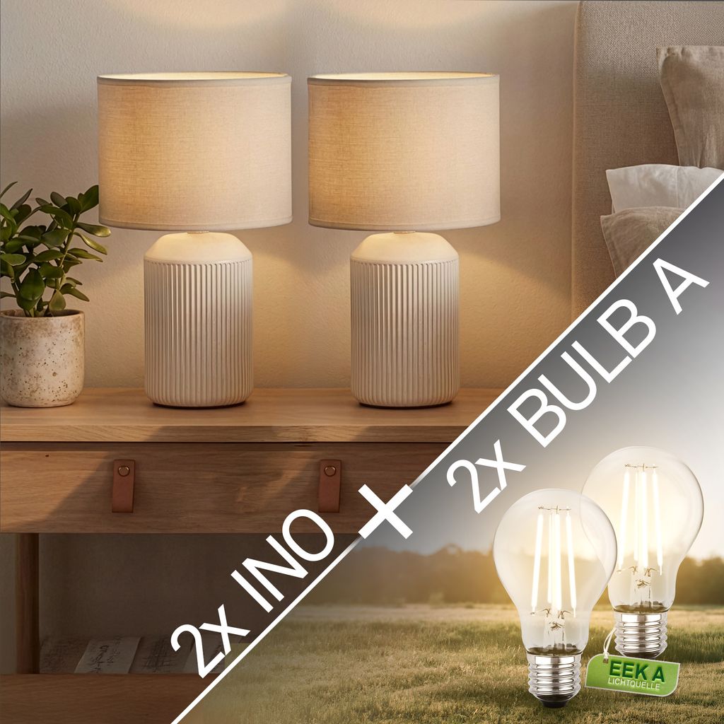 Ino 2er Set Tischlampe mit 2x Leuchtmitteln - Warmweiß, EEK A, Keramikfuß, Kabelschalter, Weiß