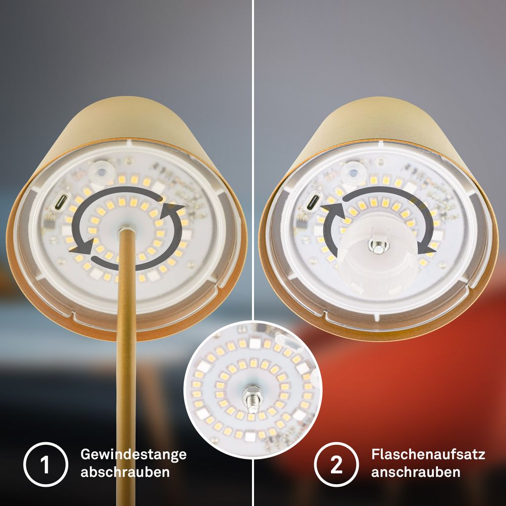 Briloner Calida 3 in 1 RGBW LED Tischlampe kabellos IP44, Dimmbar, Touch, Gold