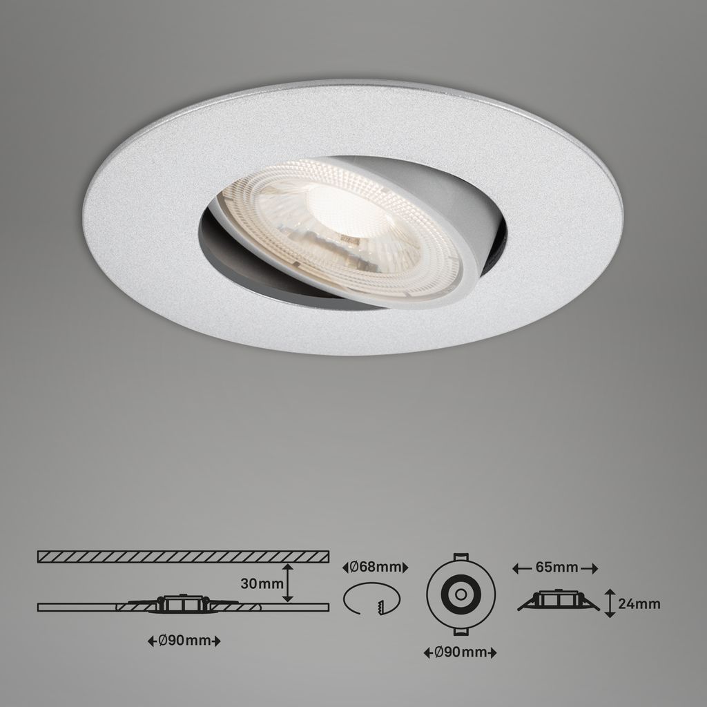 Ultra flat LED downlights set of 3 I plastic / chrome-mat I incl. 3 x LED-platine 4,9W 480lm 3.000K I lifetime 25.000h, Ra>=80 I not dimmable I swiveling I IP23 I 90x24mm (DxH) I installation dimensions: 68x30mm (DxH)