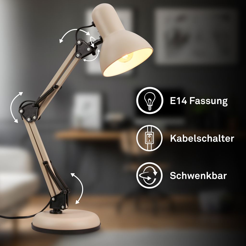 Pixa Schreibtischlampe - mit Stecker, Schalter, Schwenkbar, E14, Beige