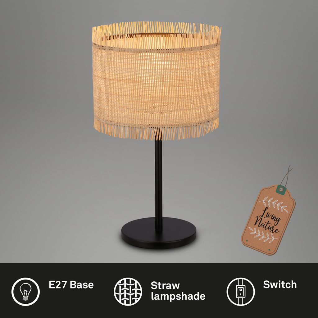 Briloner Borra Tischlampe, Strohschirm, Kabelschalter, Natur