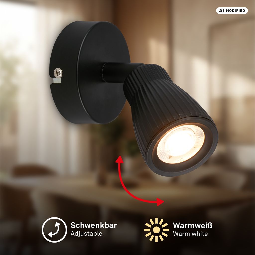 Riff Wandlampe Ø8 cm - 3,5W, 400lm, LED, Schwenkbar, Warmweiß, Schwarz