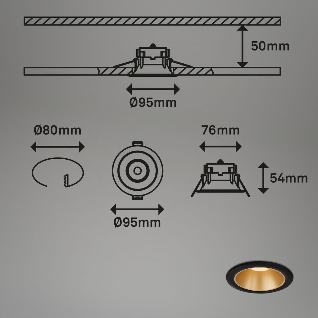 LED Einbauleuchten-Set, Ø9,5 cm, 3x LED, 4,9 W, 480 lm, schwarz-gold