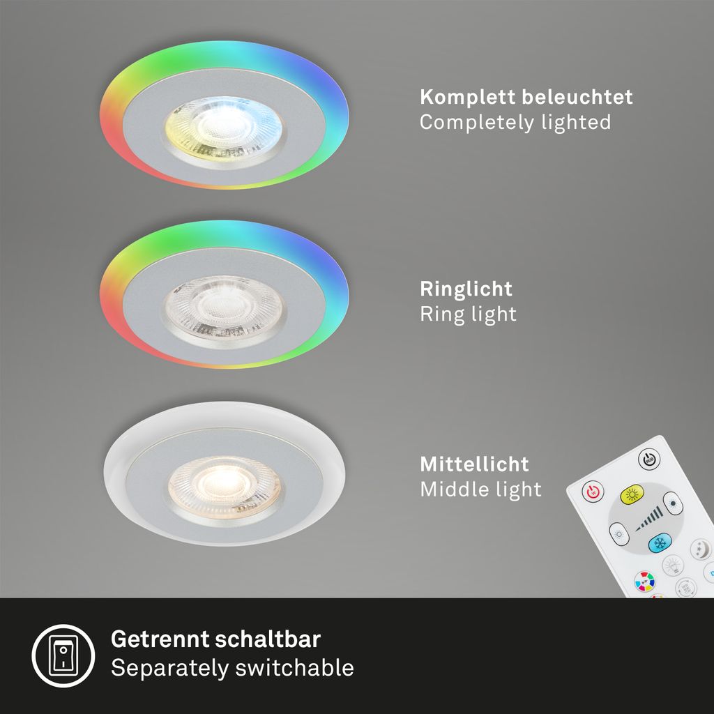 LED Einbauleuchten CCT RGB-Lichtring Fernbedienung dimmbar IP44 chrom Briloner 5