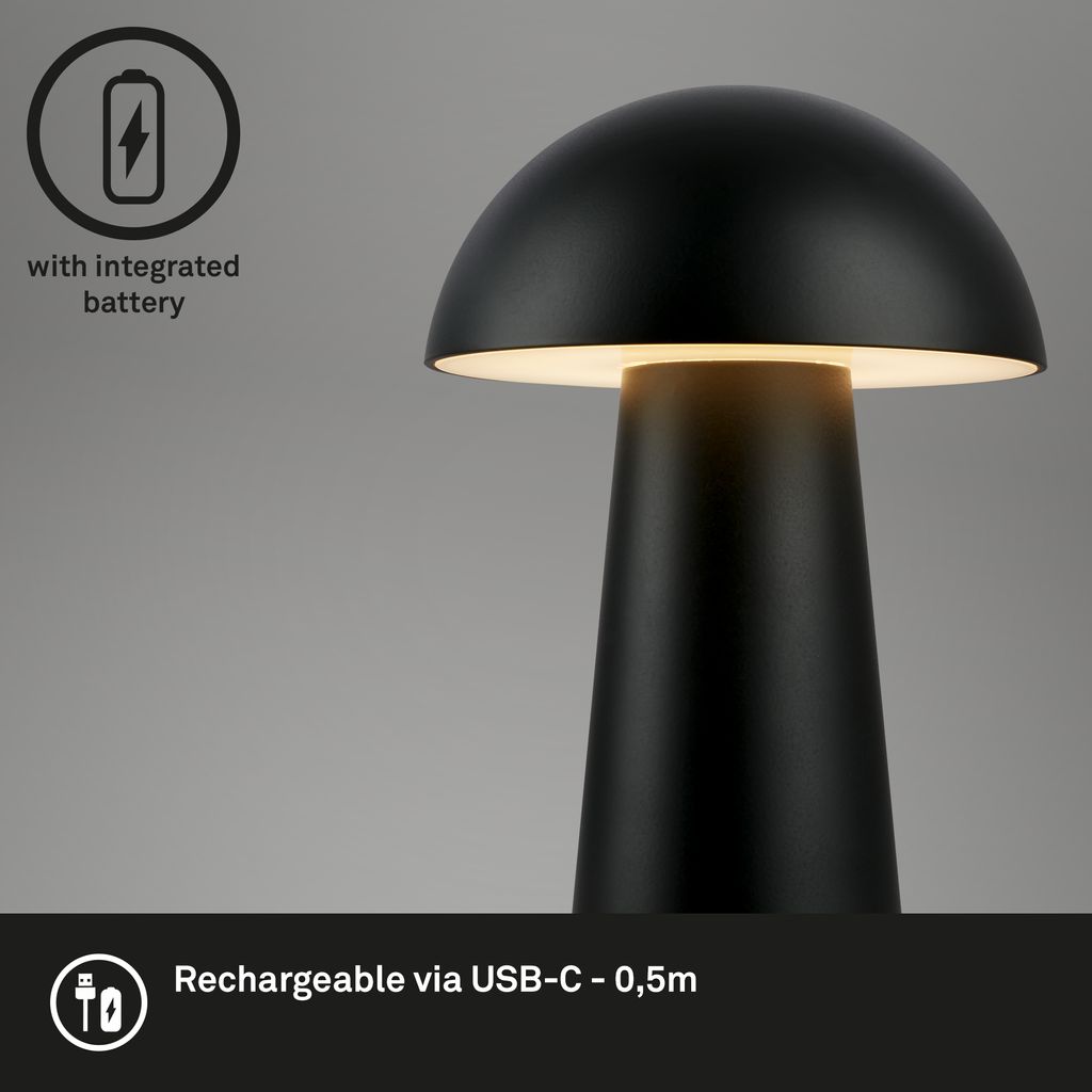 Briloner Fungo Mini LED table lamp cordless IP44, dimmable, touch, black