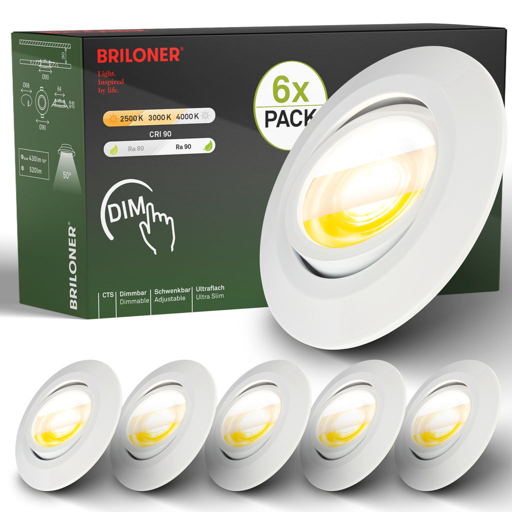 Briloner Klira Set de 6 spots LED encastrables 230V, à intensité variable, orientables, blanc