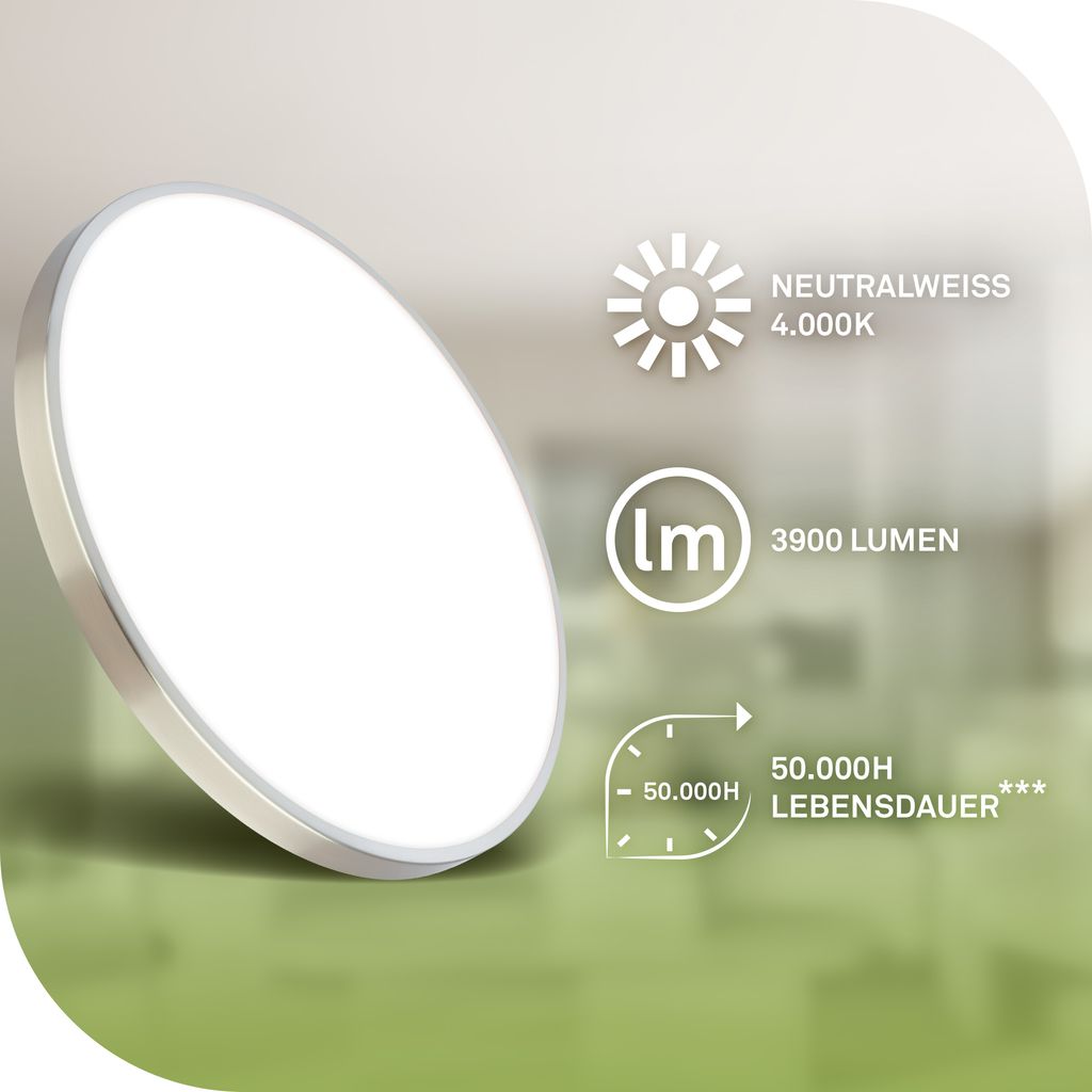 LED Ceiling Light Ø380mm, 3900lm 4000K, Ultra Efficient, Matt Nickel