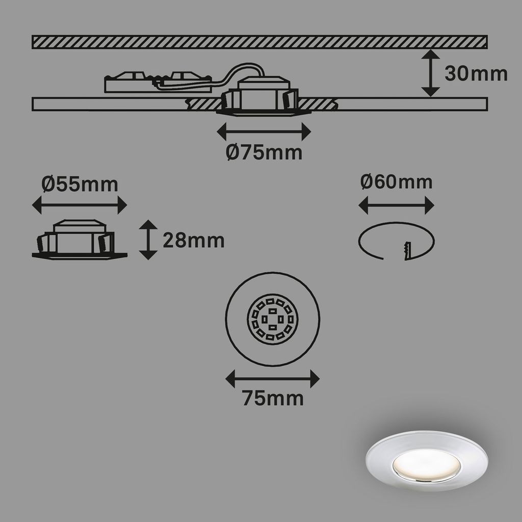 LED Einbauleuchte 3er Set 5W 3000K IP44 Ø7.5 cm Chrom Kunststoff Briloner 6