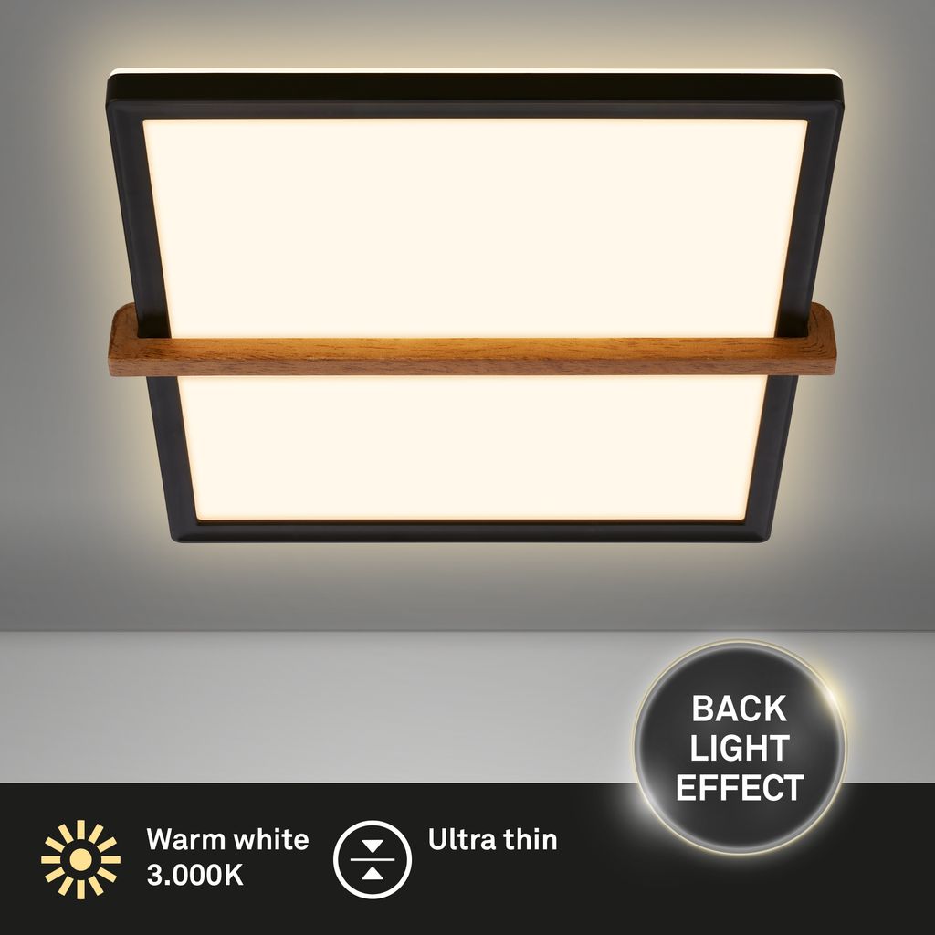 Briloner Remsa LED Plafonnier, décor bois, rétro-éclairage, bois noir