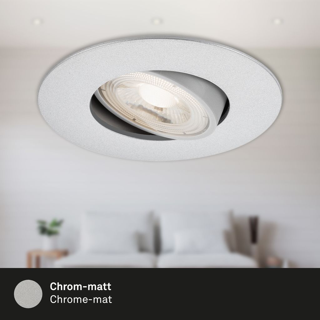 Ultra flat LED downlights set of 3 I plastic / chrome-mat I incl. 3 x LED-platine 4,9W 480lm 3.000K I lifetime 25.000h, Ra>=80 I not dimmable I swiveling I IP23 I 90x24mm (DxH) I installation dimensions: 68x30mm (DxH)