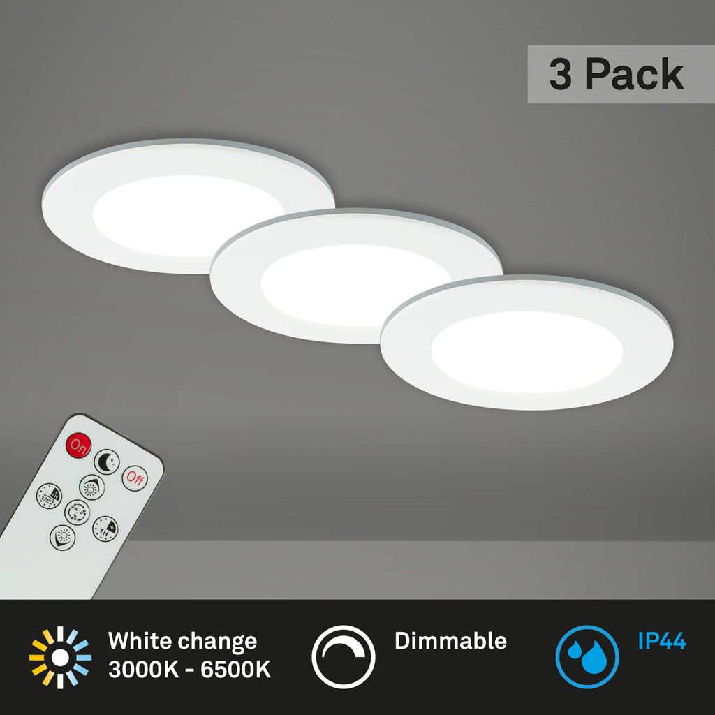 LED Einbauleuchten Bad 3er Set dimmbar Fernbedienung IP44 weiß Ø9.2cm Briloner 1