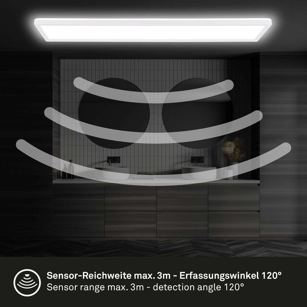 Ultraflache LED Deckenlampe mit Bewegungsmelder - IP44 LED Badlampe Badezimmerleuchte. Deckenpanel extra flach für Feuchträume. 98 x 20 x 3 cm (LxBxH) 1