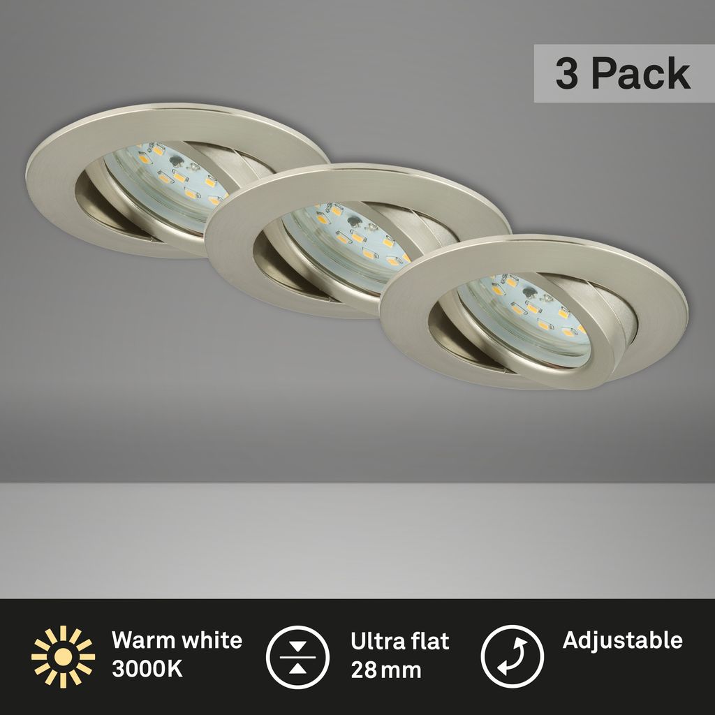 LED Downlight "ATTACH" I Synthetic material / matt-nickel I incl. 3 x LED-module 4,8W 350lm 3.000K I Lifetime 20.000 h, Ra>=80 I IP23 / Protection class II I non-dimmable I swiveling I 82x28mm (DxH) I Installation size 68mm (D)