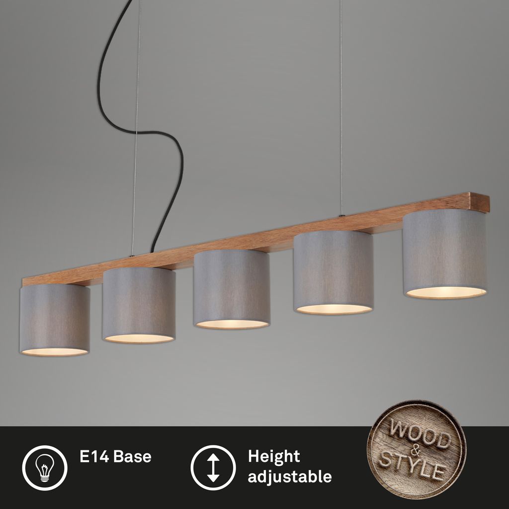Pendelleuchte Hängelampe 5-flammig E14 max.25Watt Metall-Holz-Grau Briloner 2