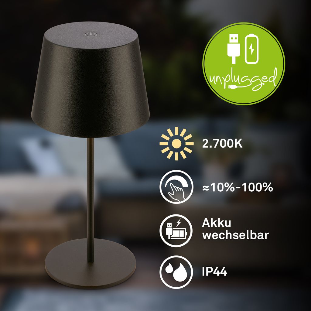Nivo Tischlampe - 1,2W, 120lm, Kabellos, LED, Touch, Dimmbar, Schwarz