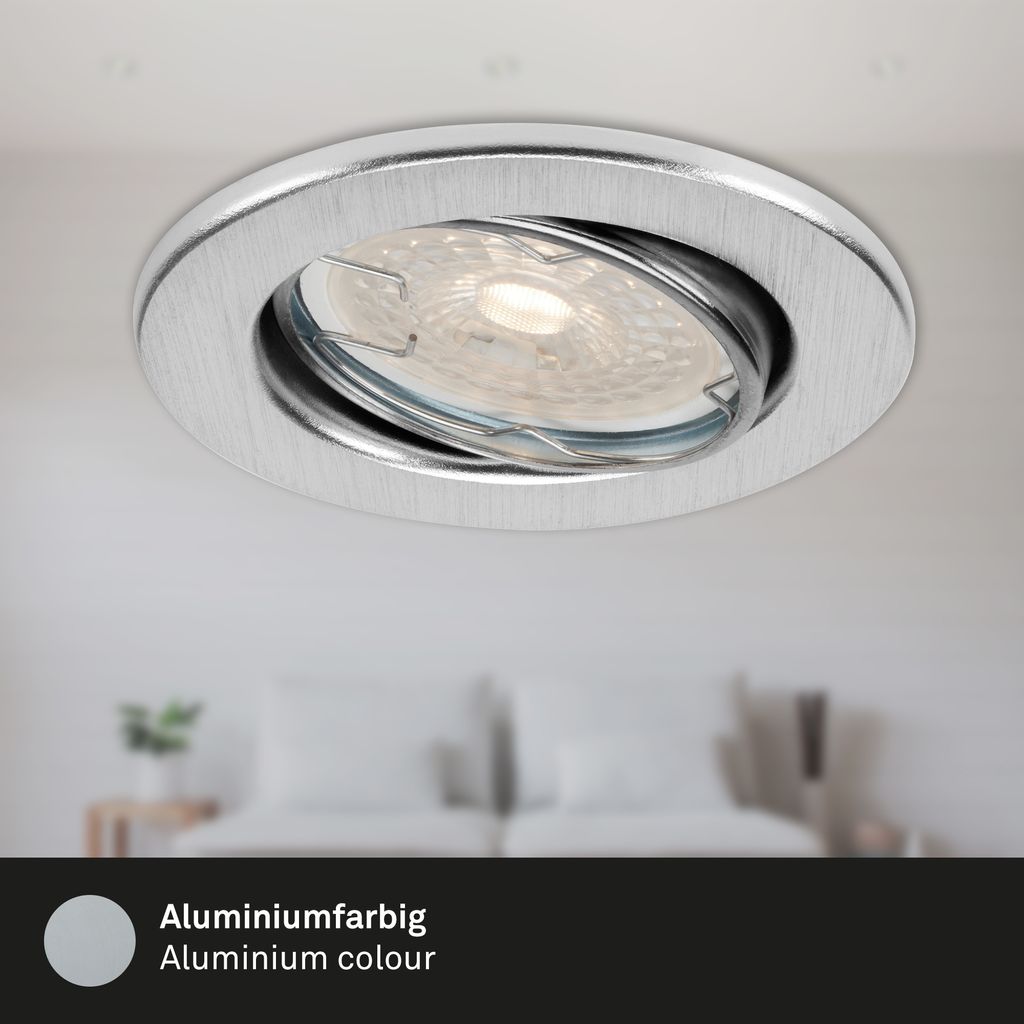 LED downlight set 3-flame "DIMM" I metal / aluminium coloured I incl. 3 x LED/GU10 5,5W 400lm 3.000K I Lifetime 25.000 h, Ra>=80 I dimmable I pivotable I IP23 I 86x70mm (DxH) I 60mm installation depth I 68mm (D) installation dimension