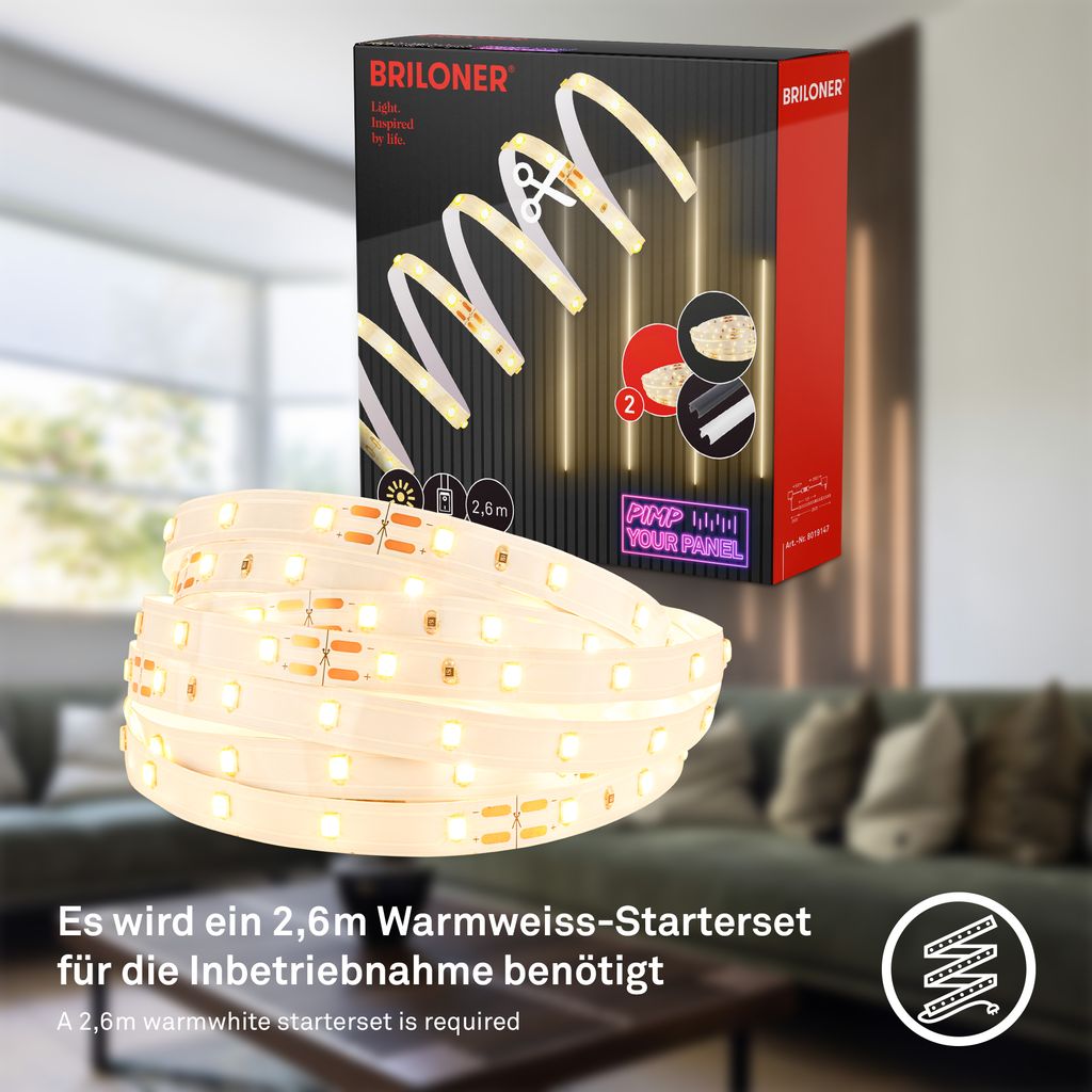 Erweiterungs-SET LED Strip An/Aus für Wandpaneele 260 cm, Warmweiß, kürzbar, selbstklebend, Weiß
