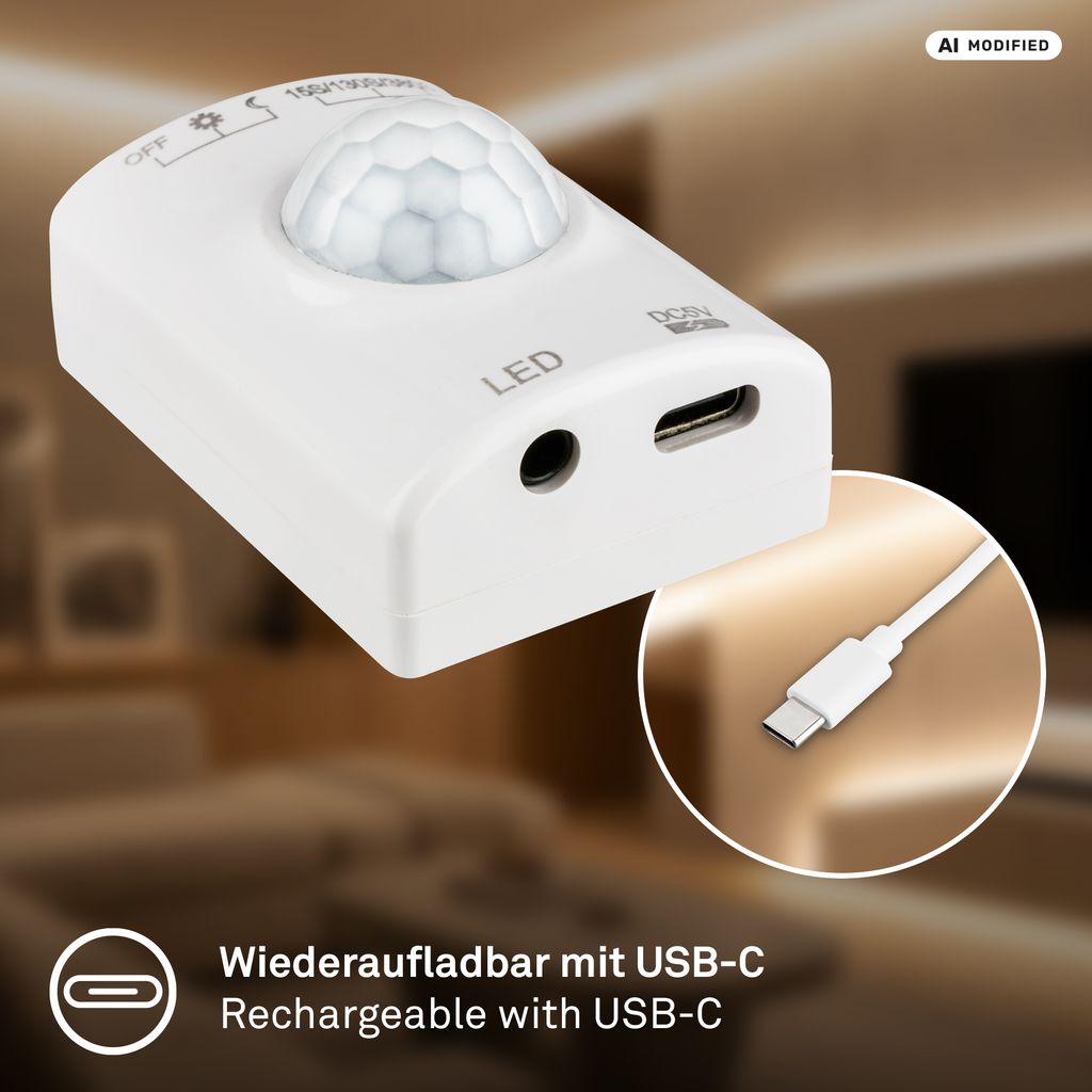 LED Streifen 1m - mit Bewegungsmelder, Akku, Warmweiß, Weiß