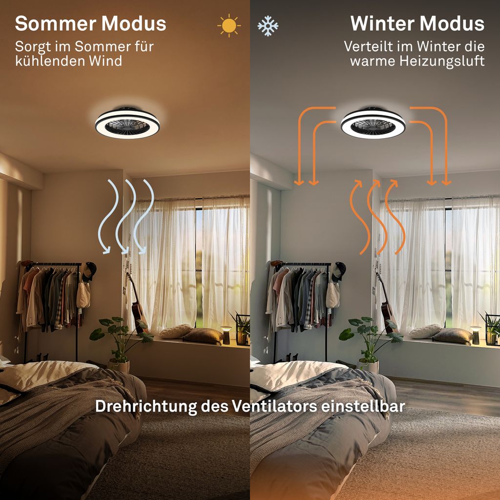 LED Ceiling Fan Light, CCT 3000–6500K, Remote Control, Timer, Black
